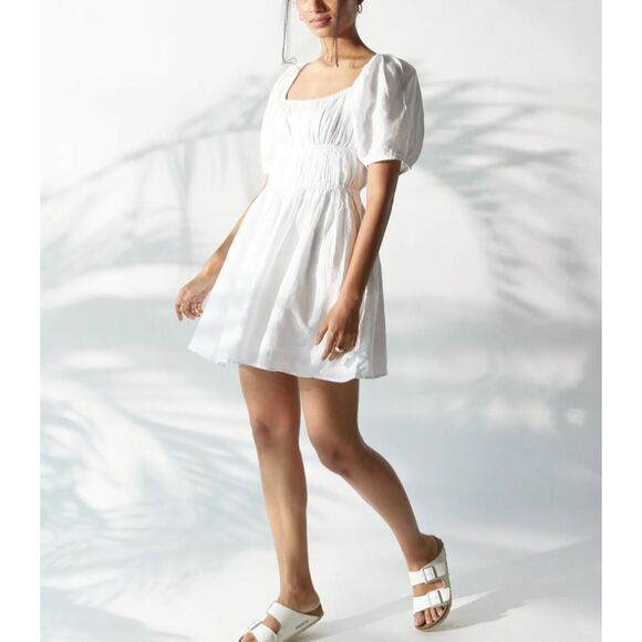 SUMMER AWAY Sydney‎ Linen Puff Sleeve Poplin Mini Dress NWT Sz Small - Picture 1 of 7